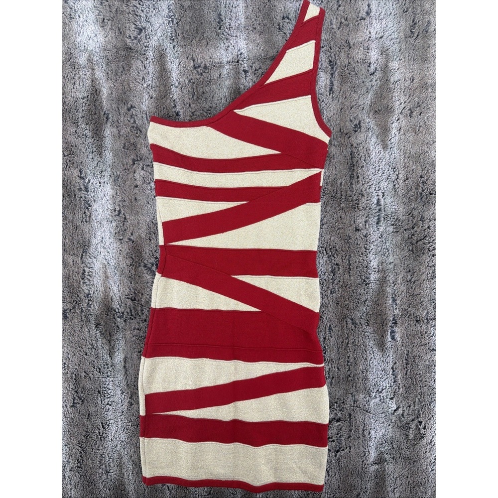 Y2K Bebe Bodycon OneShoulder Bandage Dress Mini Stretch Party Dress XS Red Gold